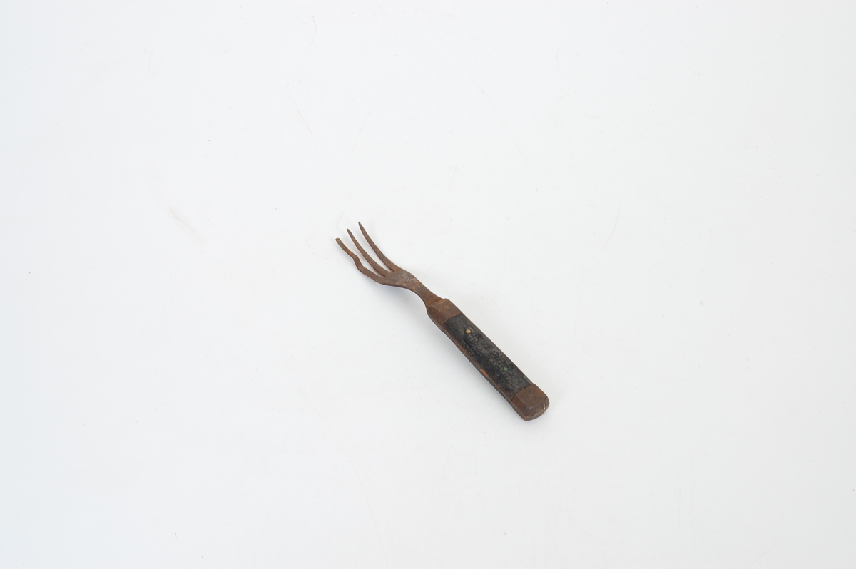 Form: Kort gaffel med tre lange tinder og treskaft

