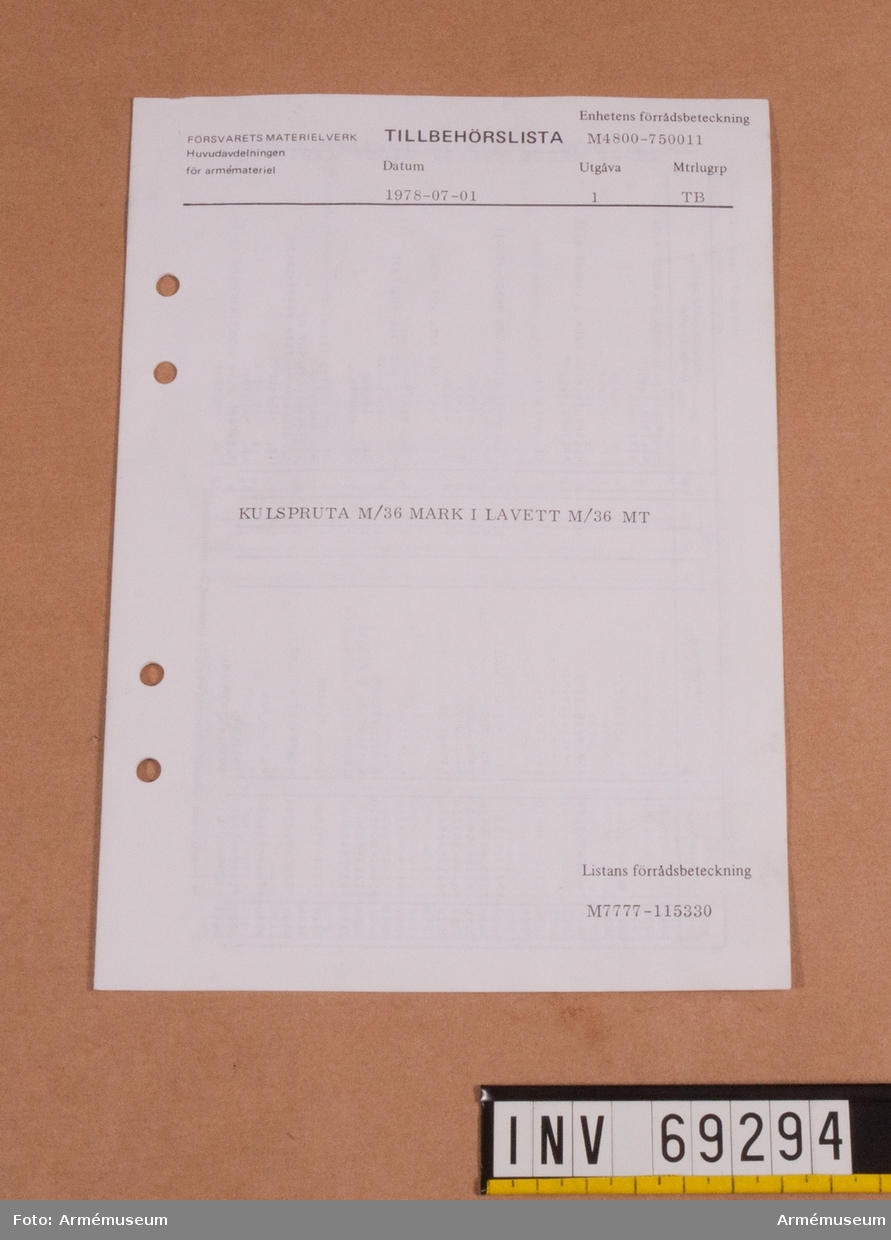 Tillbehörslista med titel: "Kulspruta m/36 Mark i lavett m/36 MT" (1978)