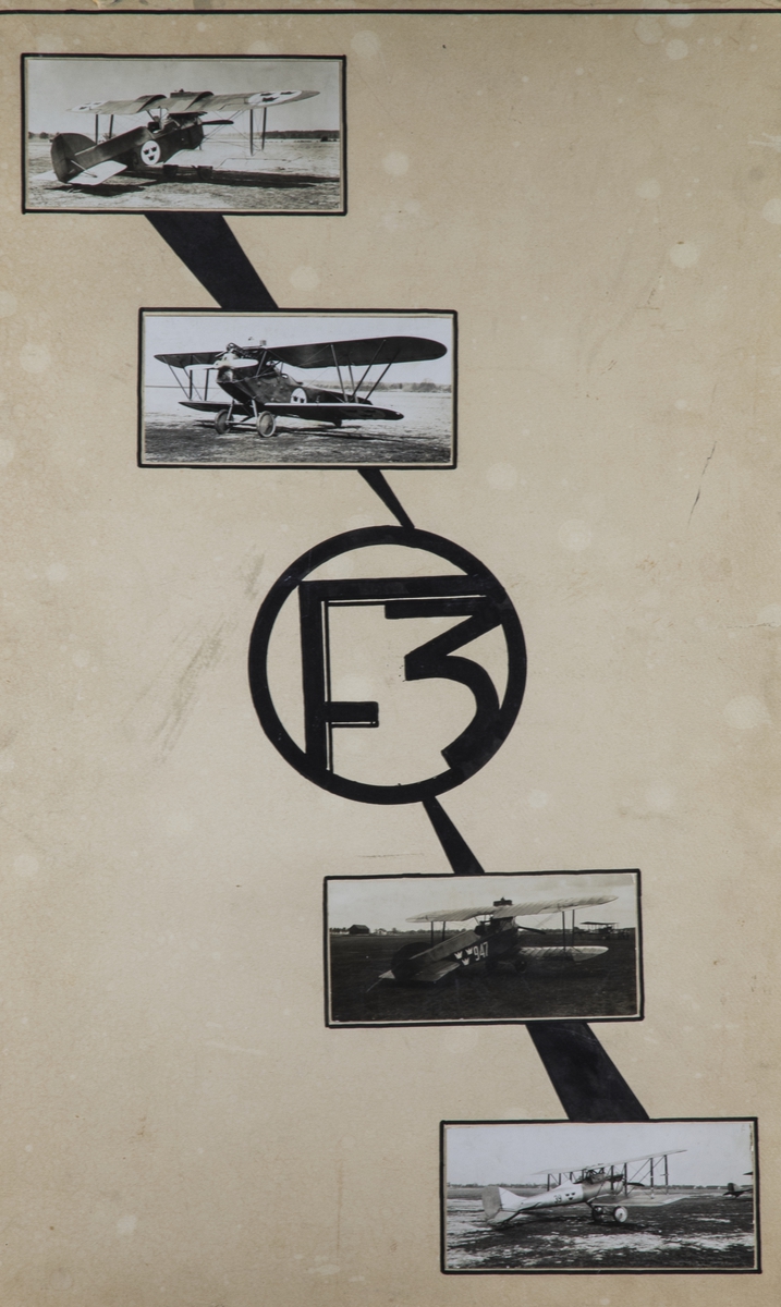 Affisch. F 3 Malmen 8 december 1939. Bildkollage med text. Meny för försäljning på franska. Fotografier av flygplan. Motiv på båda sidor av affischen.