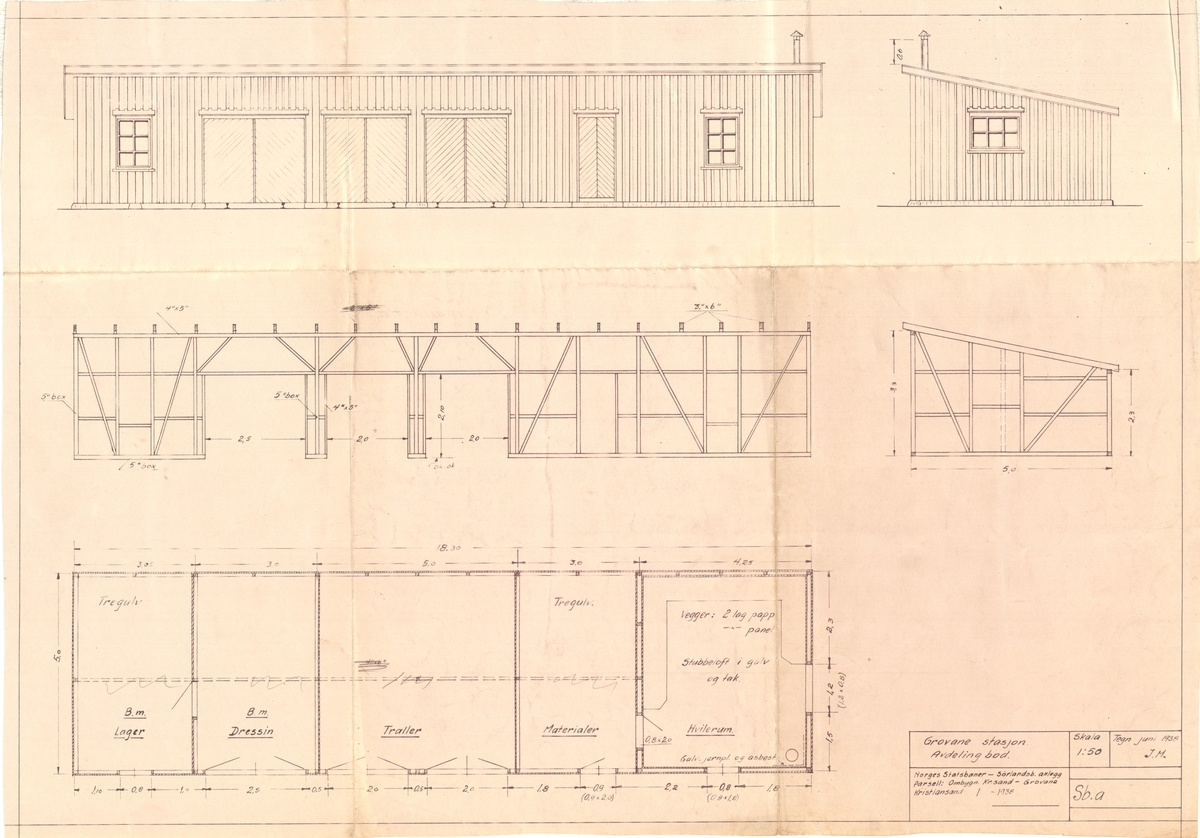 Arbeidstegning (kopi) avdelingsbu for Grovane stasjon - 1938. Målestokk 1:50