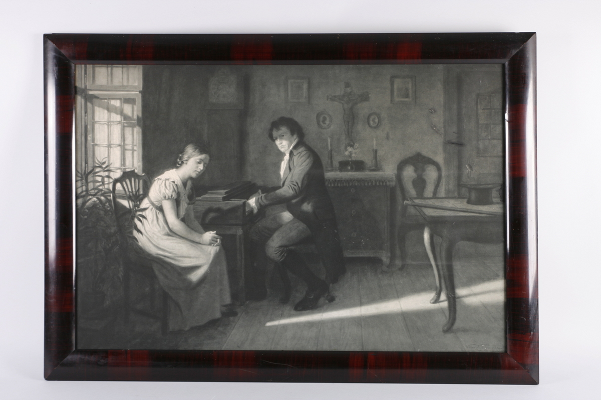 Motivet viser en sittende pike som lytter til pianisten. Antatt at det er Beethoven som spiller og at piken er blind. Motivet kalles ofte for "Beethoven og den blinde piken".