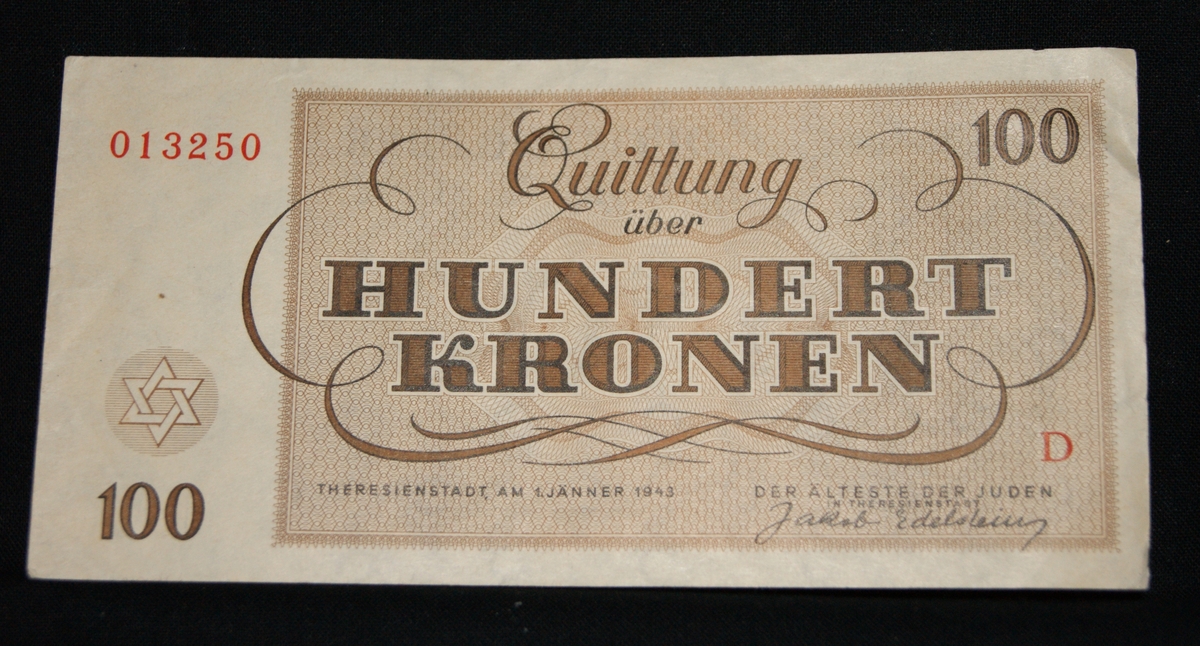 Specialupptryckt 100-kronorssedel som endast kunde användas i Theresienstadt.