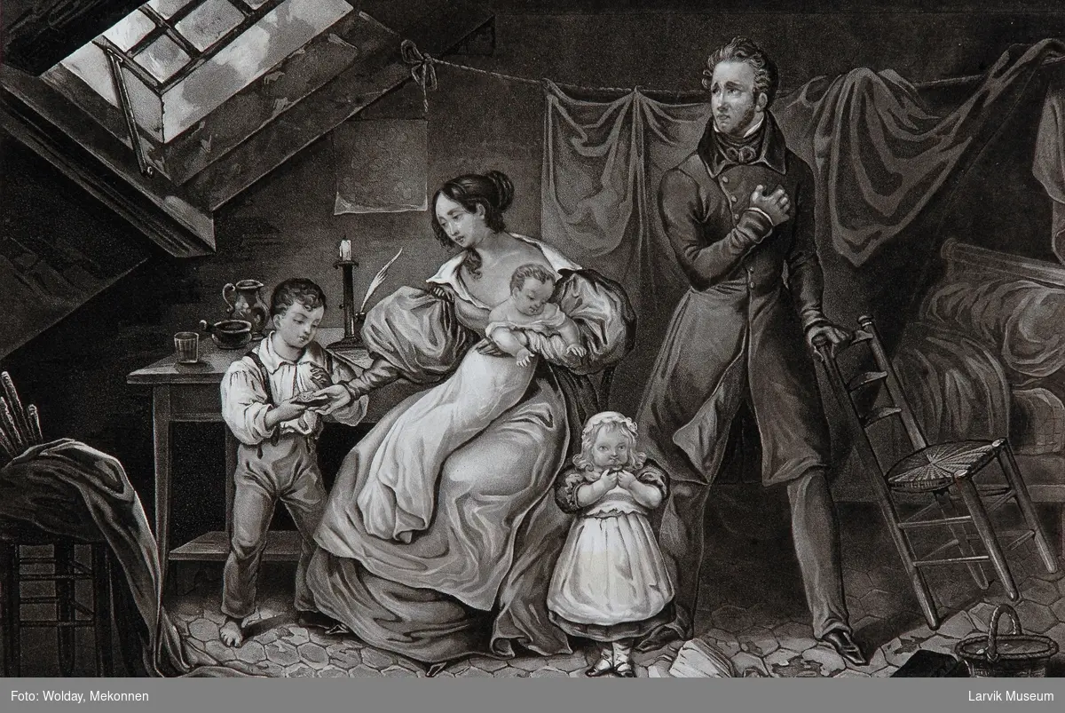 bildene forestiller to forskjellige avsnitt i en adels- dames liv og er øyensynlig ellers en illustrasjon til en populær-sentimental roman. trykt i Paris senest i 1840 årene.
ulykkelig ektepar m/3 barn i usselt barneværelse