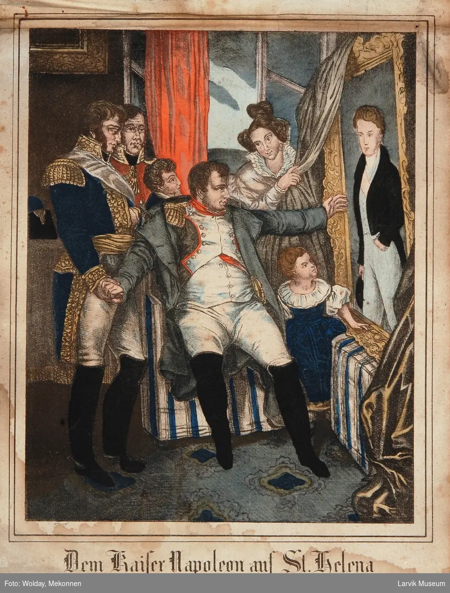 Keiser Napoleon på St. Helena. Sitter og beundrer et portrett/maleri sammen med to menn, en kvinne og to barn.