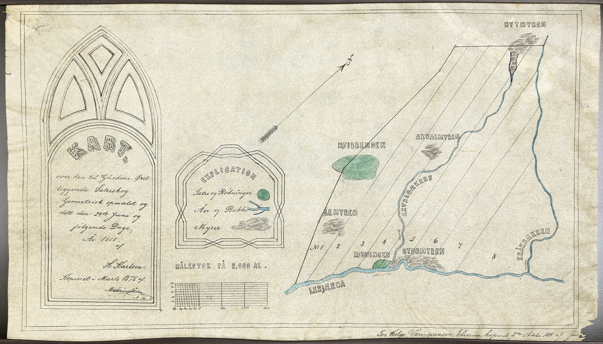 Skogkart over deler av Letjerndalen i Strandbygda, Elverum. Dekker området på vestsiden av Letjerna fra Lemyra i sør til Kråkbekken i nord.  Kopi datert 1884 av kart datert 1801.