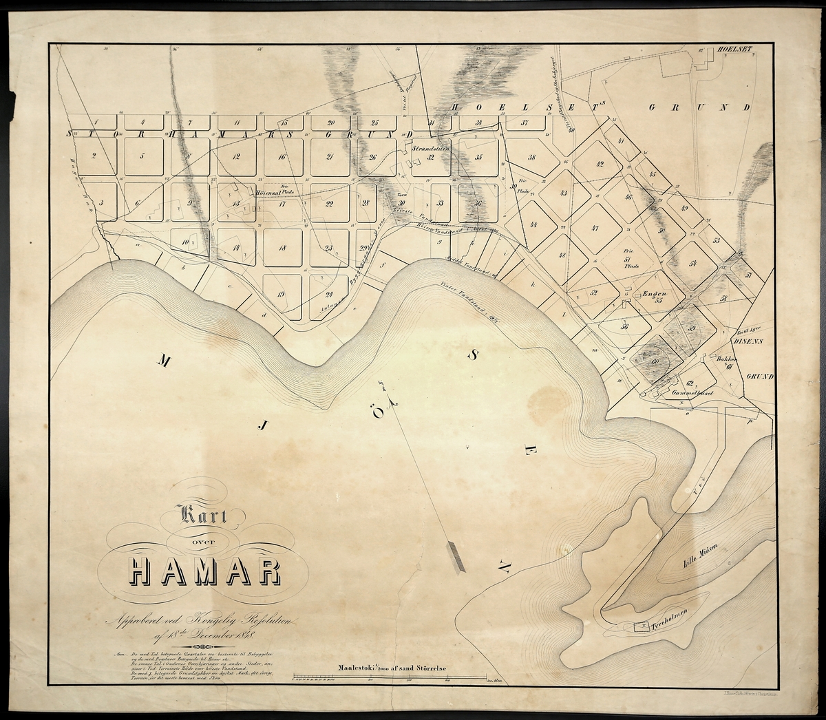 Arealplan for Hamar sentrum datert 1848.