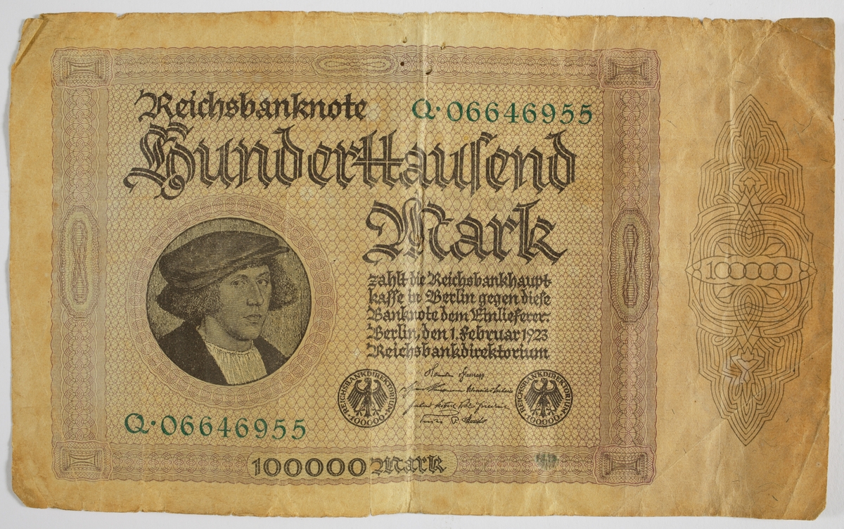 Sedel, Tyskland 1920-talet, "Reichsbanknote Hunderttausend Mark...".