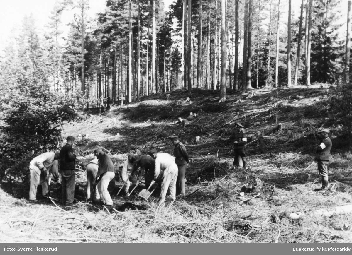 Sommeren 1945 ble tyske soldater kommandert til å grave opp russiske krigsfanger. Arbeidet ble overvåket av Milorg, britiske offiserer og politi fra Hønefoss. Dette bildet er tatt på Hensmoen. De russiske krigsfangene kom fra fangeleiren ved Geitryggen