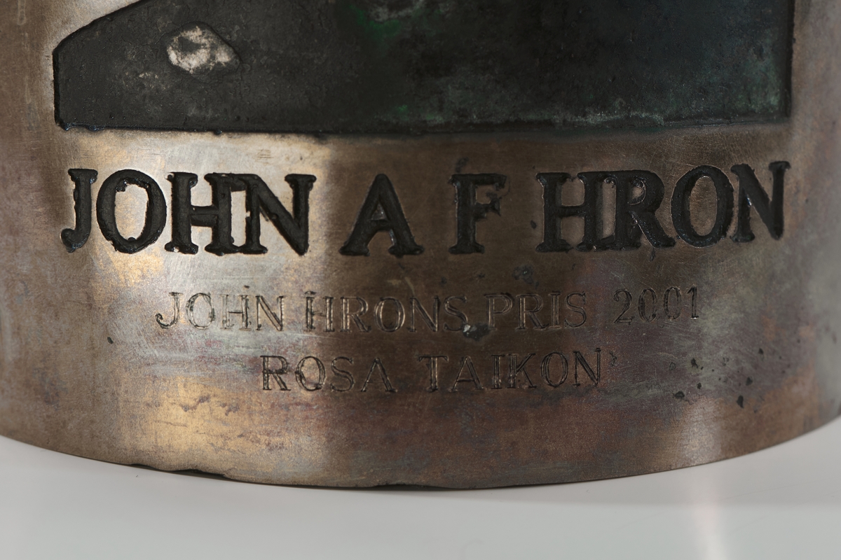 Prisplakett, gjutet i brons i ett stycke. Plaketten har en rektangulär form som är välvd (konvex), baktill finns ett integrerat stöd. På framsidan finns ett porträtt samt text i relief, de nedsänkta detaljerna är svärtade, vissa partier av porträttet har ärgat. Rosa Taikon tilldelades John Hrons pris år 2001, som instiftades till minne av John Hron (1981-1995), som dödades av nynazister, 14 år gammal år 1995.