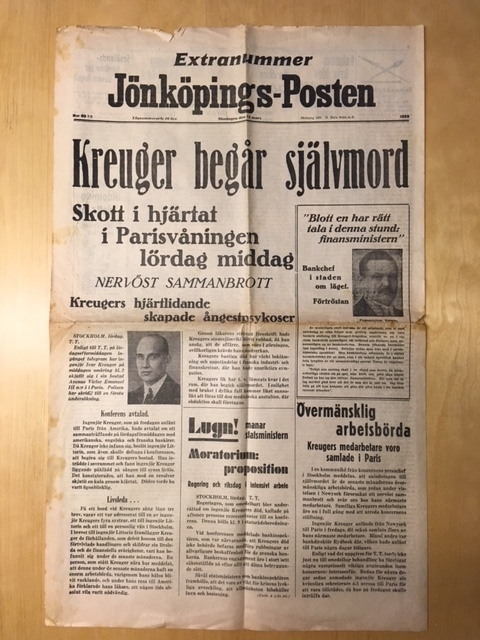 Första sida med rubrik: "Kreuger begår självmord". Extranummer av Jönköpings-Posten med anledning av självmordet.
