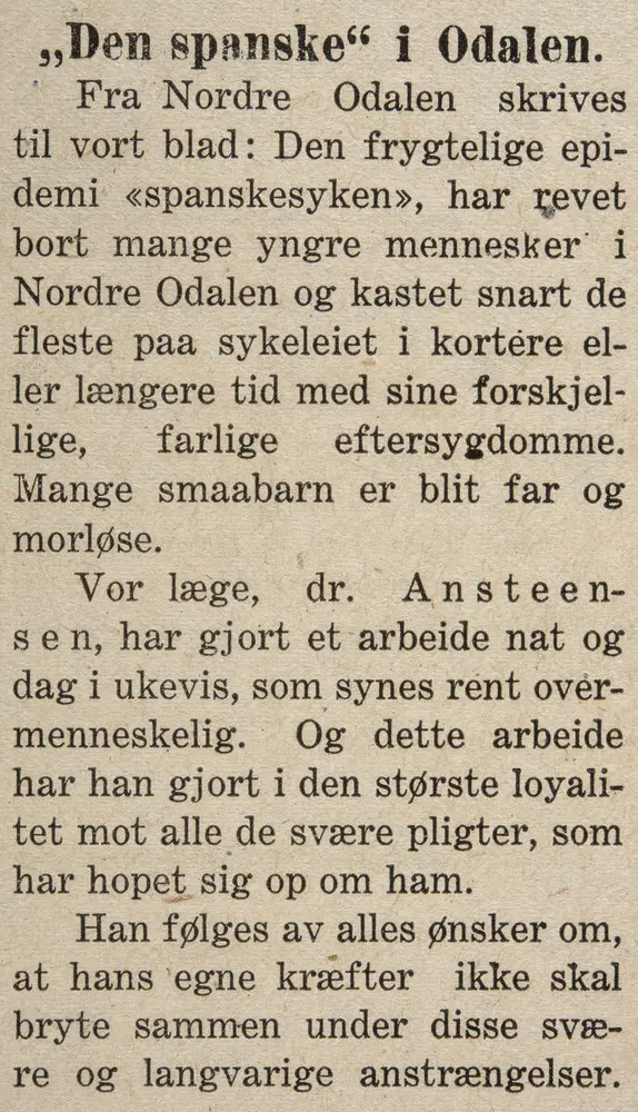 "Den spanske" i Odalen, avisutklipp fra Hedemarkens Amtstidene fra 23. november 1918