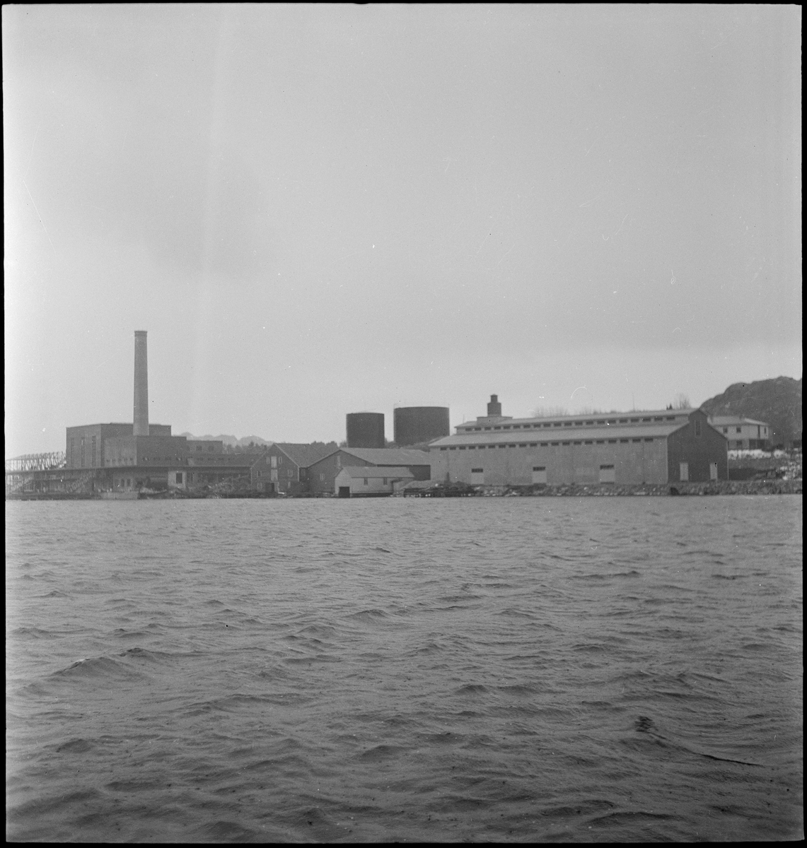 Sildoljefabrikken SILFAS på Grønehaugen i Eigersund rundt ferdigstillelse. Det er bilder av fabrikken, sildekummene og produksjonslinjene, samt en maskin.