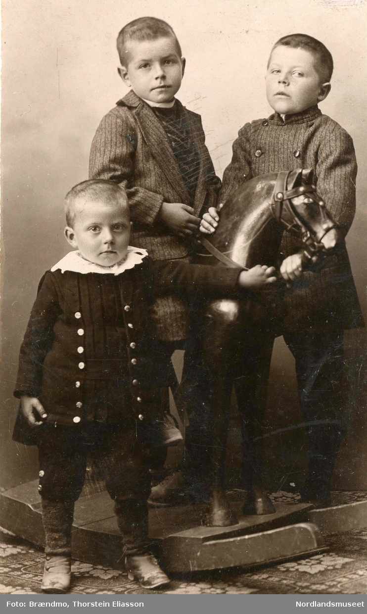Portrett av tre gutter. Barna til Odine Gurine og Hans Heltne. Gustav Marius (1886), Magnus Robert (1888) og Olaf Arthur (1891).