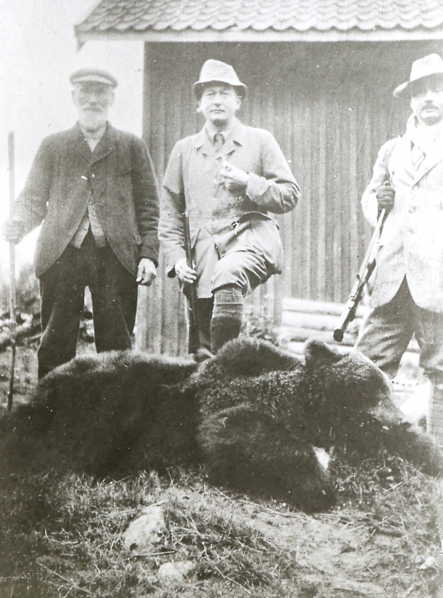 Bjørn skutt ved Sandorvannet..
Vestsiden av vannet. Siste bjørn skutt i Sandsvær.
Skytter er Ole Hansen Grorud (1884-1957) fra Siljan.