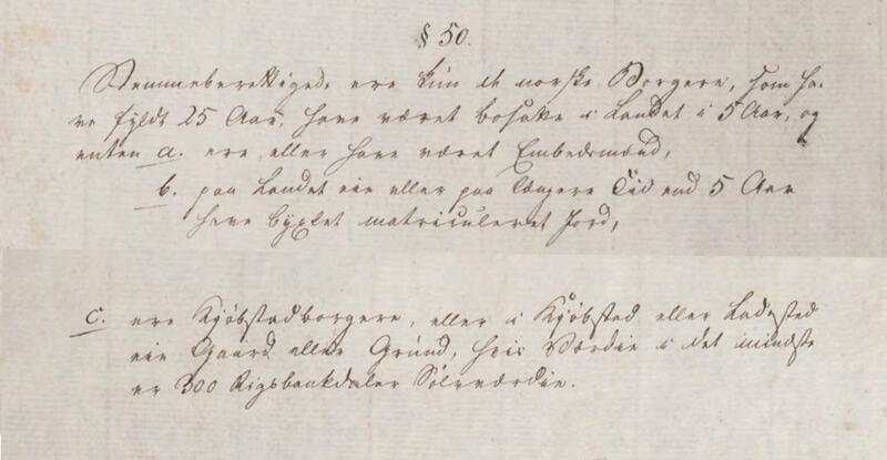 Utdrag fra Grunnloven av 17.mai 1814: §50 står nederst på side 14 og øverst på side 15. (Foto/Photo)