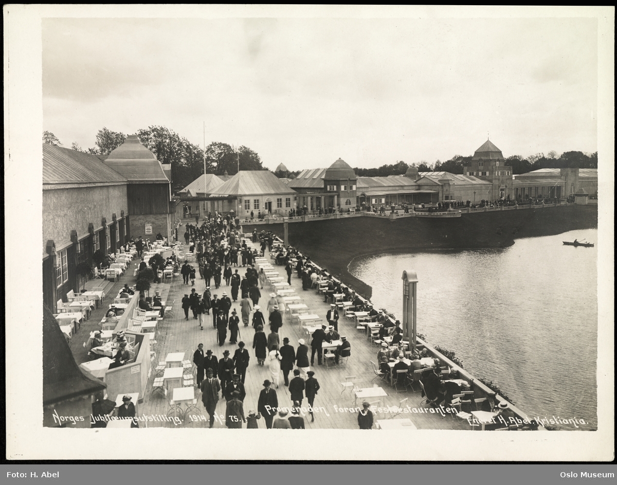 Jubileumsutstillingen 1914, terrasse, restaurant, Festrestauranten, mennesker, dam, utstillingshall