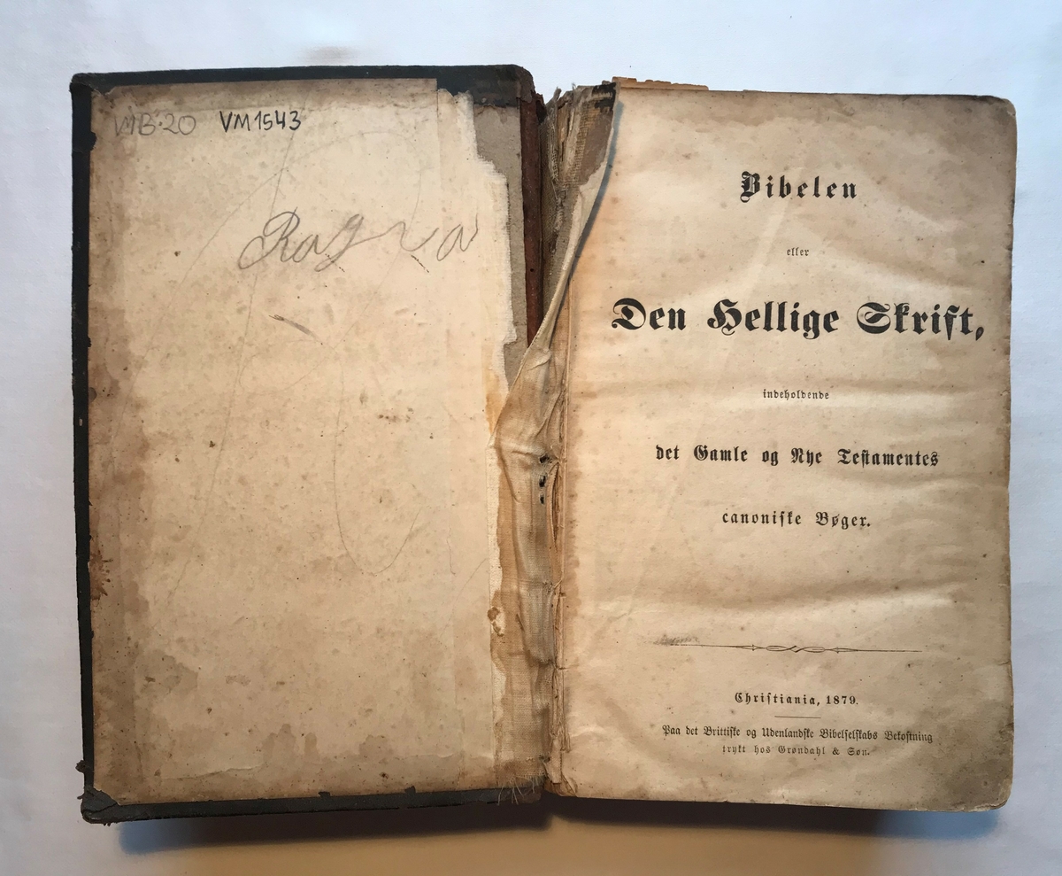 Bibel fra 1879. Inneholder det gamle og nye testamentet. Trykt av Grøndahl & Søn Forlag A/S, Christiania. 