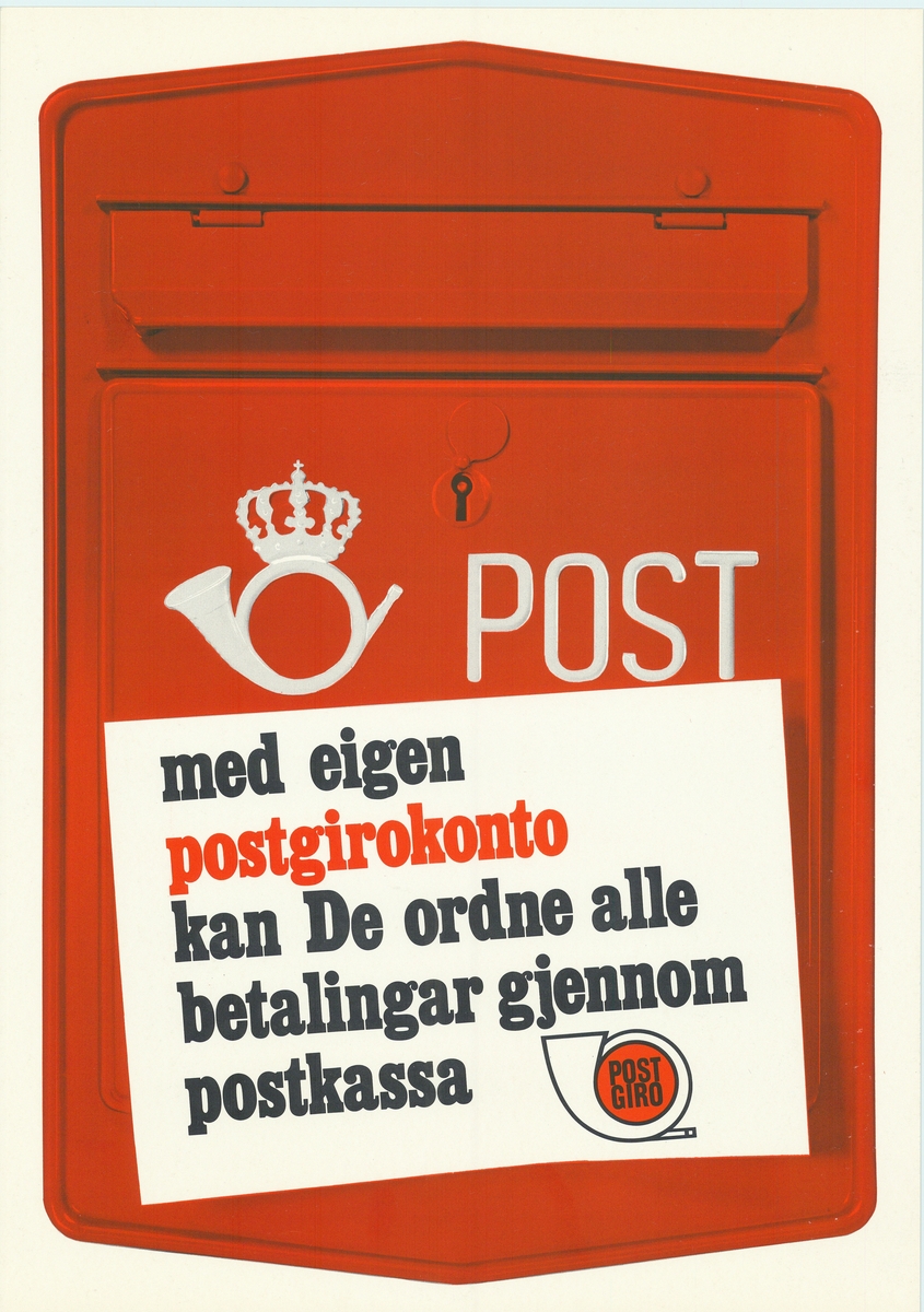 Tosidig plakat med likt motiv av postkasse og tekst. På den ene siden er teksten skrevet på bokmål, nynorsk på andre siden.