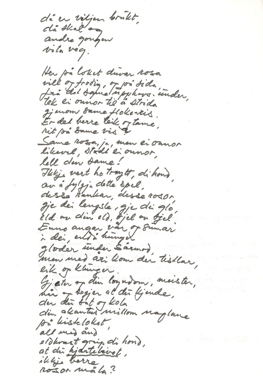 Fyrste handskrivne del av diktsamlinga Glør i oska av Olav H. Hauge.