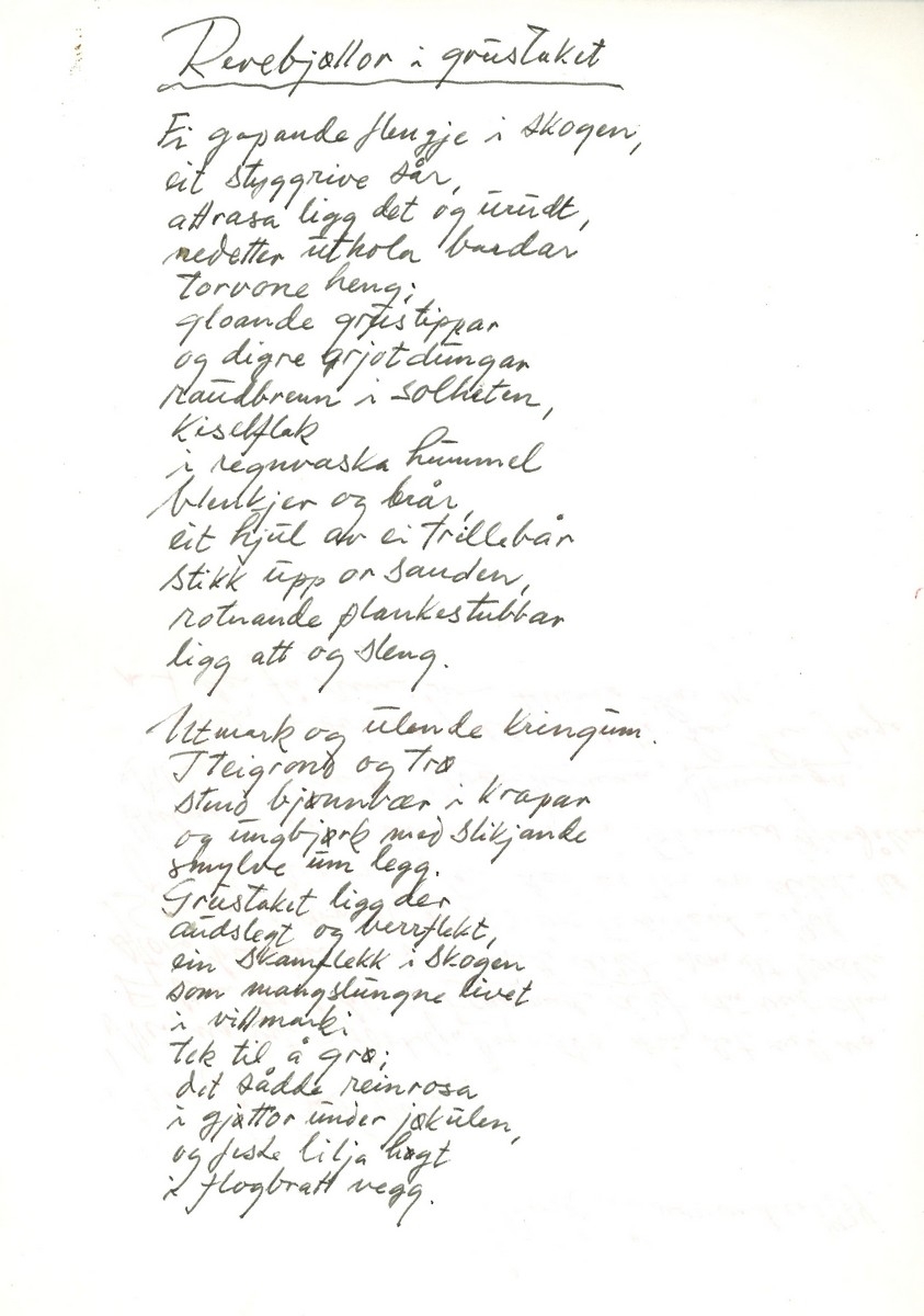 Andre del av den handskrivne diktsamlinga "Glør i oska" av Olav H. Hauge.