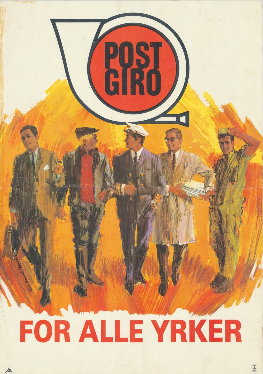 Tosidig plakat med motiv av fem menn som hver skal representere ulike yrker, likt motiv på begge sider. Tekst på bokmål på ene siden, og nynorsk på andre siden.