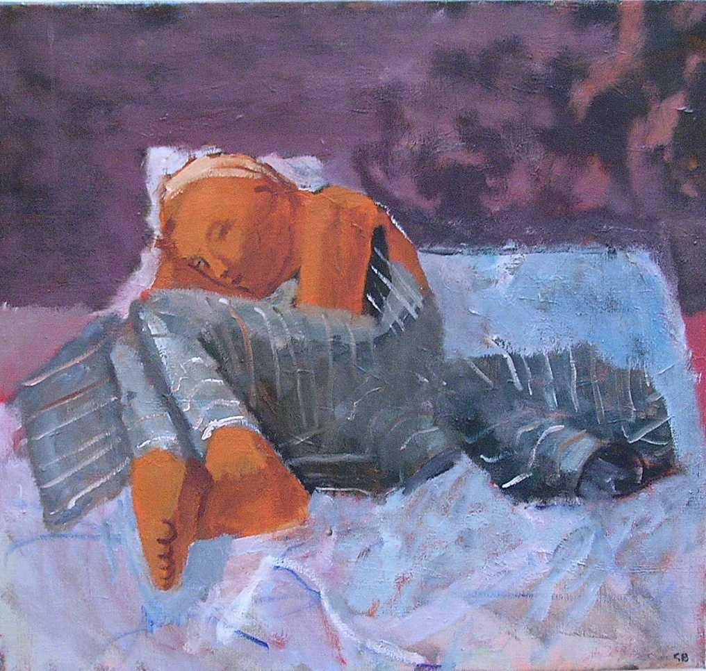 En person sover hopkrupen på en säng med randig filt över sig. Människan går i oranga toner, sängen i ljust blå/vit och bakgrunden lila.