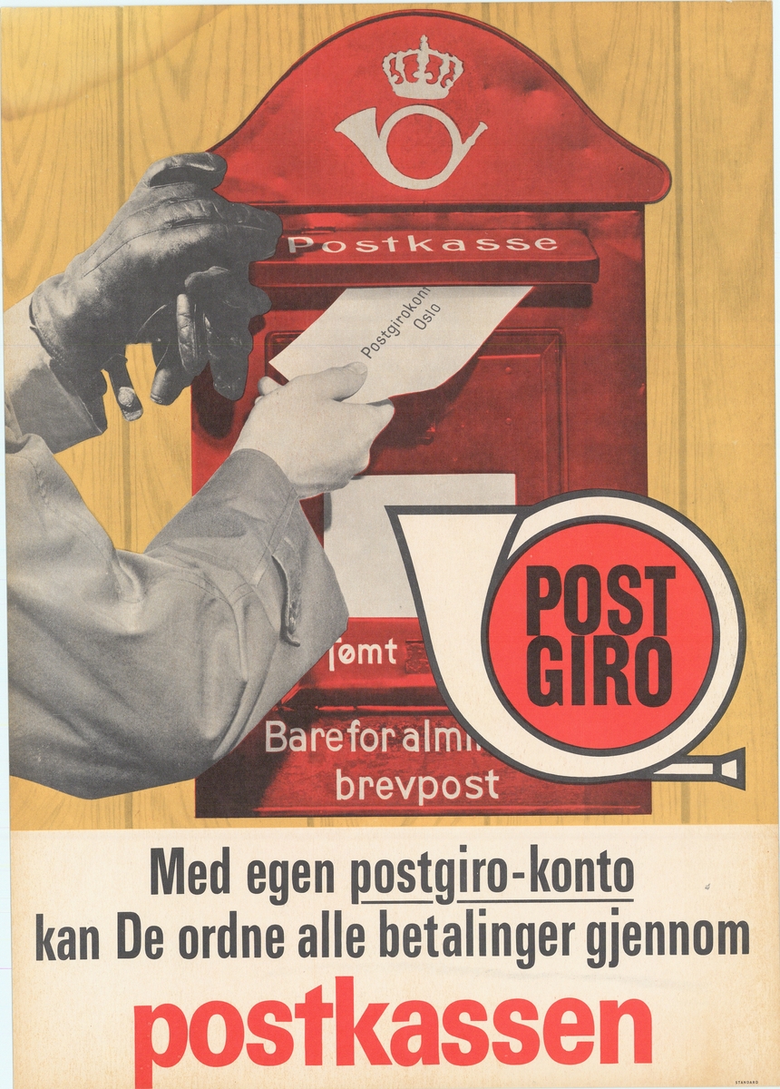 Tosidig plakat med motiv som viser postkasse og hender som legger brev i kassen. Tekst på bokmål på ene siden, og nynorsk på andre siden.