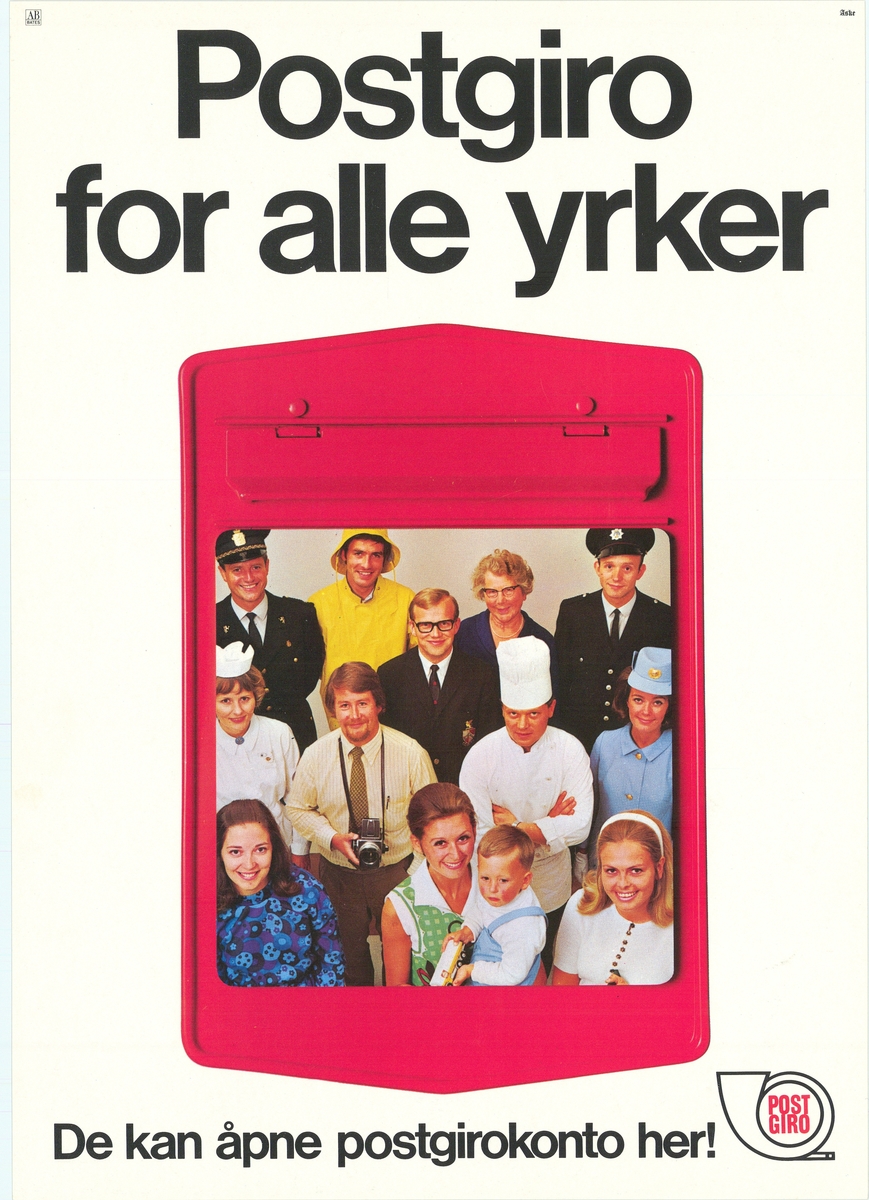 Tosidig plakat med motiv som viser personer som hver representerer ulike yrker innrammet i en postkasse. Tekst på bokmål på ene siden, og nynorsk på andre siden.