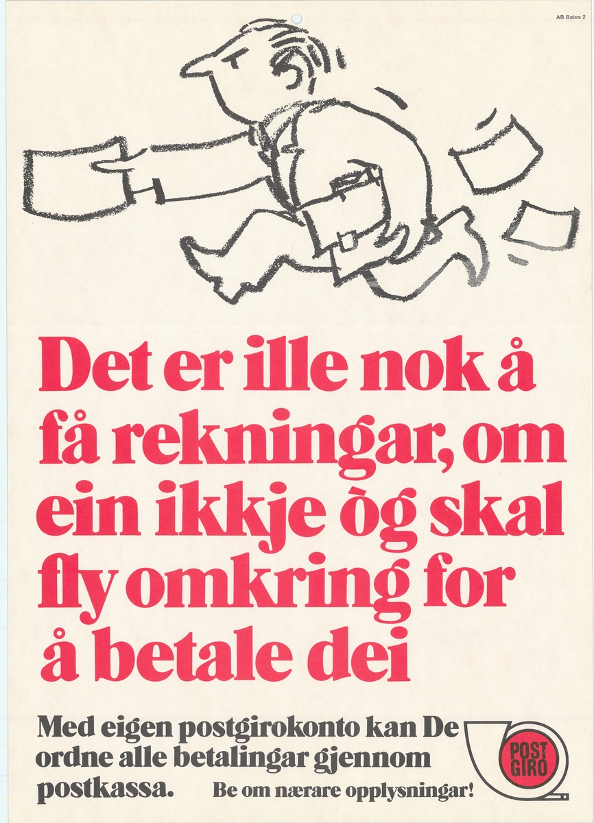 Tosidig plakat med tegnet figurmotiv, Postgiros logomerke og tekst. Tekst på bokmål på ene siden, og nynorsk på andre siden.