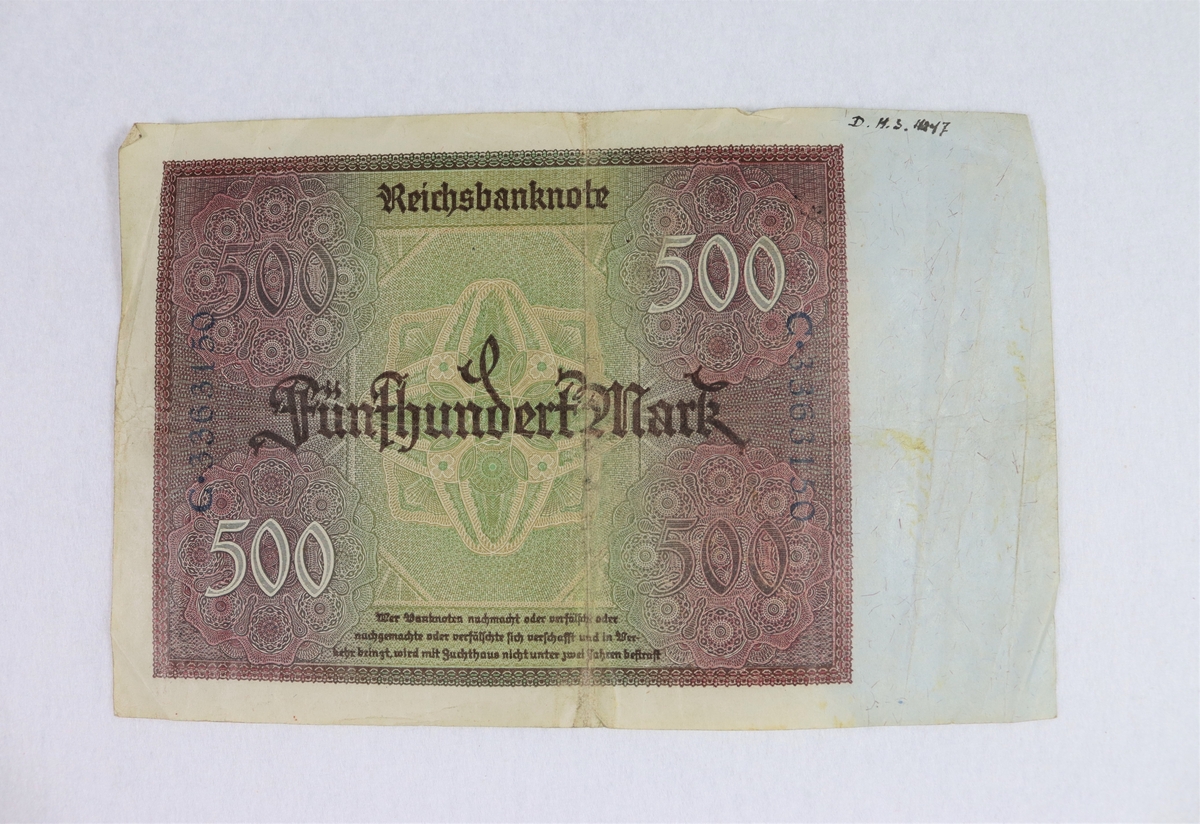 1 tysk pengeseddel.

Tysk 500 Reichsbanknota. Berlin 27 marz 1922.

Gave fra Johs. Haukenes, Fresvik.