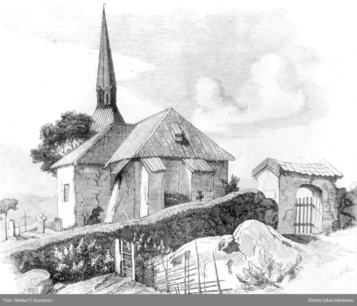 Tune gamle kirke. Xylografi, gjengitt i "Skillingsmagazin" 27.XI.1858. Kunstnernavn utydelig: "Slokke"(?)