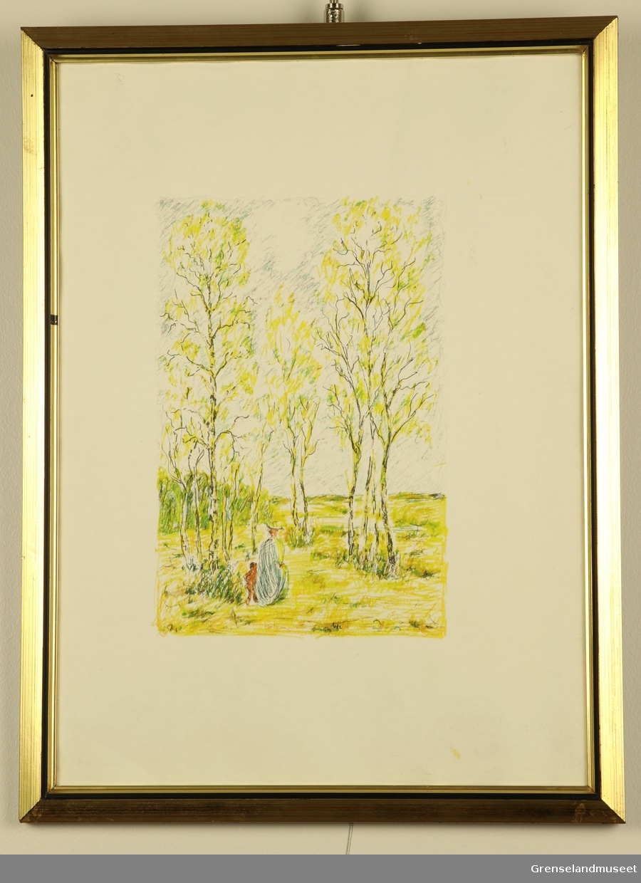 To skikkelser, en dame og et barn, går i en skog/park med høye bjørketrær.