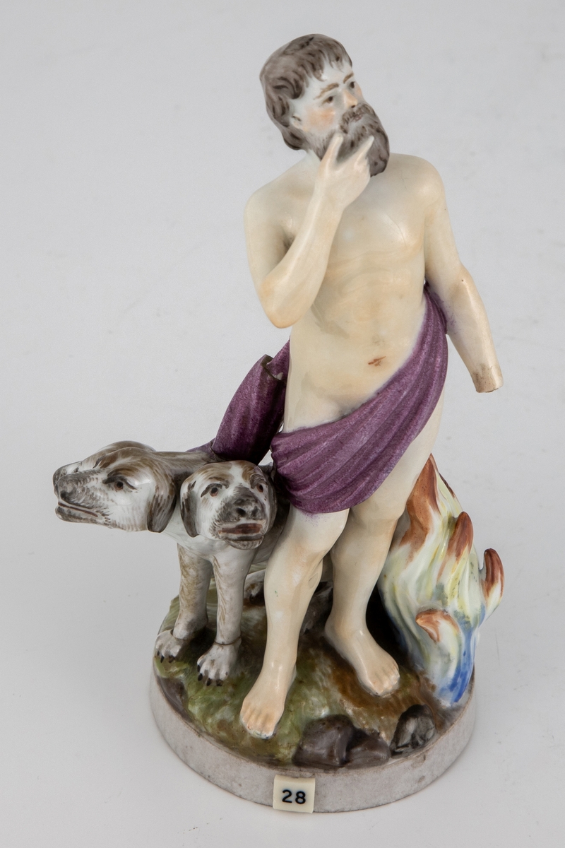 Figurin som forestiller Plutus i underverdenens flammer med Cerberus (Kerberos) ved sin side.
