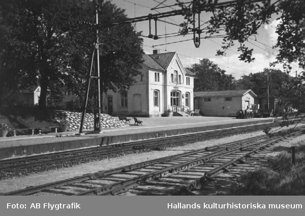 Exteriörbild av Hebergs järnvägsstation omgiven av träd och ett magasin. Bilden har använts till vykort.