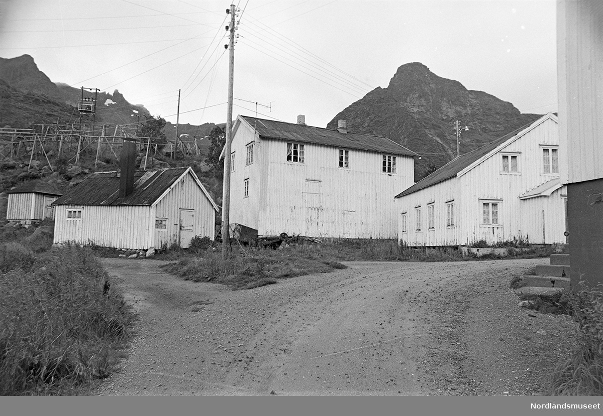 Bygninger i fiskeværet Nusfjord. Boliger og uthus. Stolpe og vei i forgrunnen. Fiskehjell og fjell i bakgrunnen.