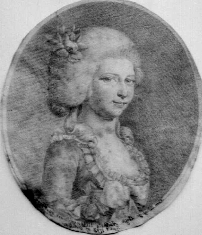Trykk av jente i barokkjole, med blomsterpryd i håret. Trykket har rødfarge. Stående oval form, med gullbelagt ramme. Portrett av Prinsesse Louise Augusta av Danmark.