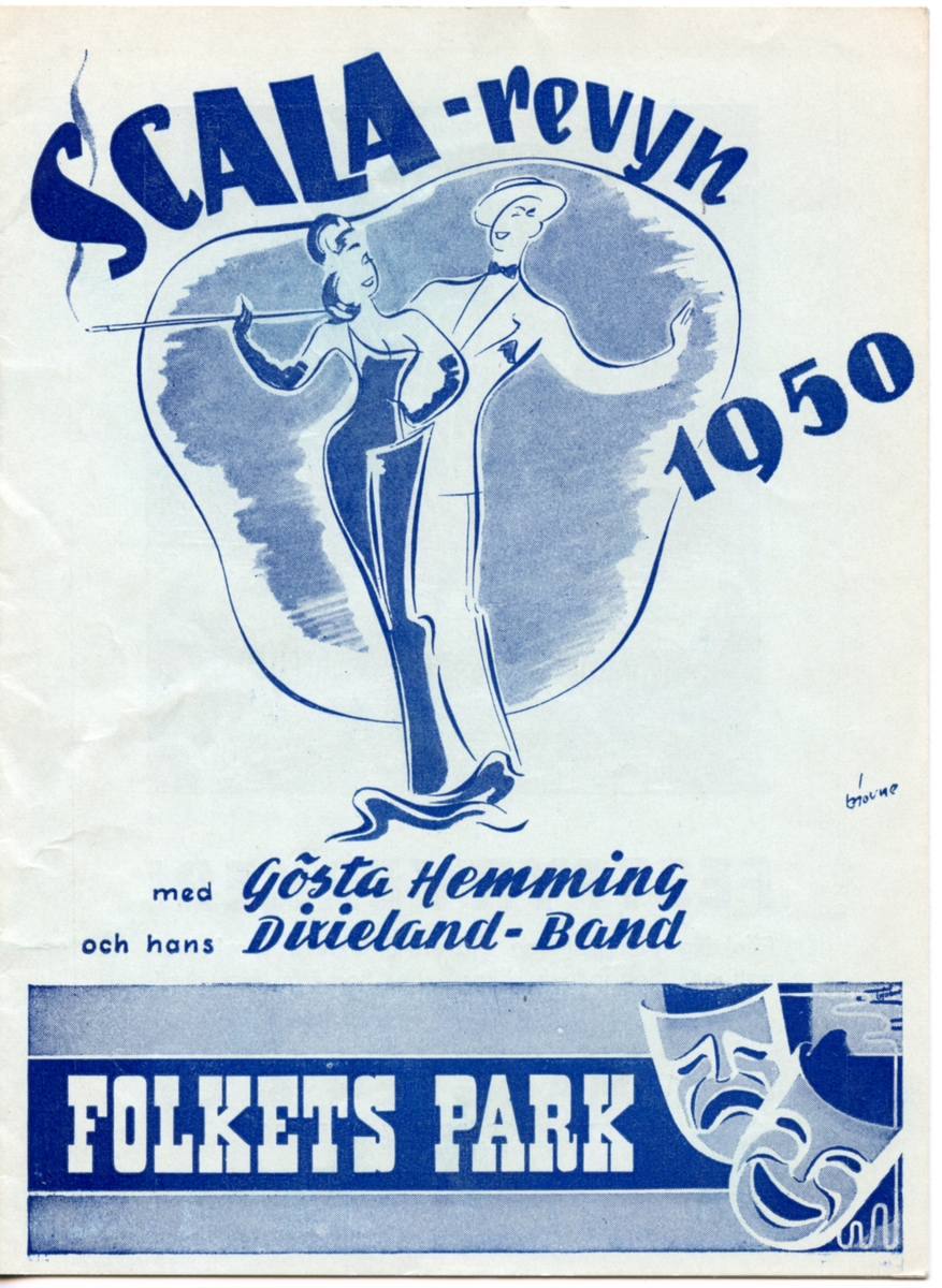 Program för Folkets Park och Scalarevyns uppsättning av "Revy Sex" från 1950. Innehåller information om föreställningen och reklam.