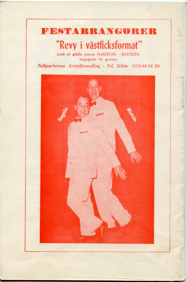 Program från Revy-teatern av "Den glada 9:an" från 1962. Innehåller information om föreställningen och reklam.