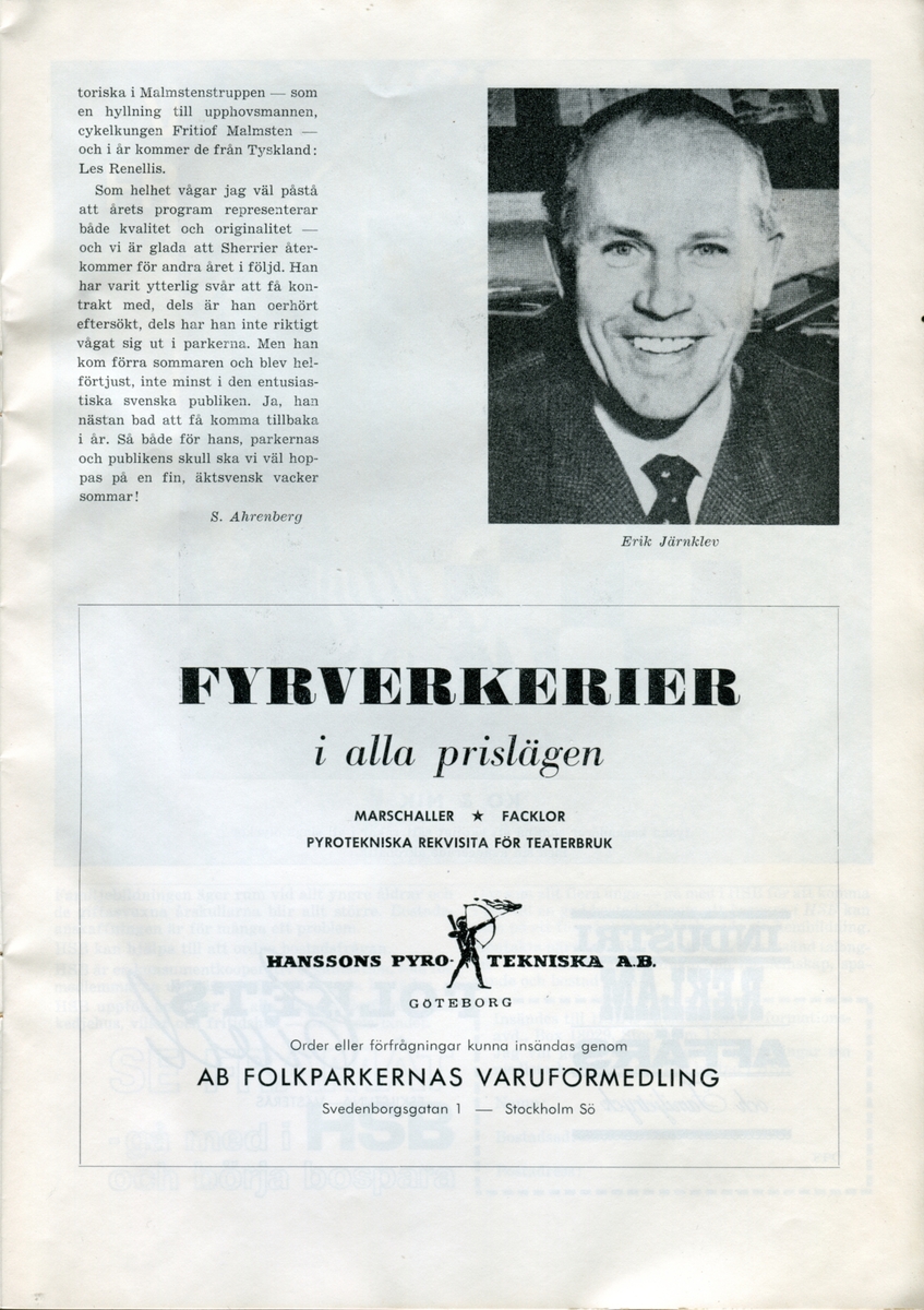 Program för Internationella Artisten - Malmstenstruppens 67:e säsong i Folkparkerna (1967). Innehåller information om föreställningen och reklam.