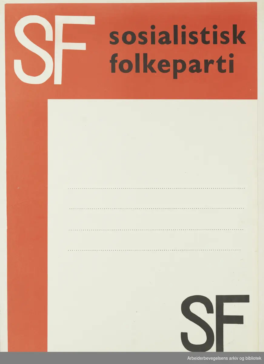 Plakat Sosialistisk Folkeparti. Møtemal. Format: 43x31 cm.