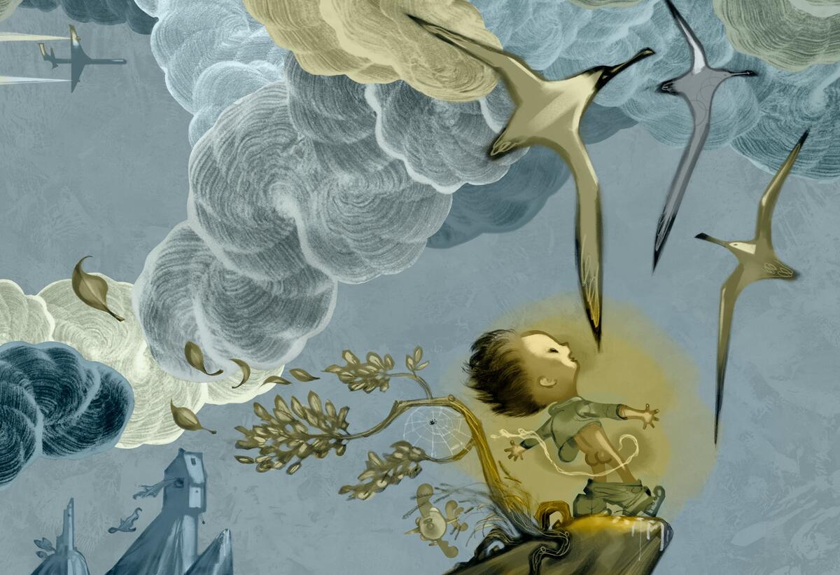 Illustrasjon av Svein Nyhus til boken "Steder å tisse": En gutt står og tisser i friluft, høyt på en klippe med måkene flyvende over seg.
