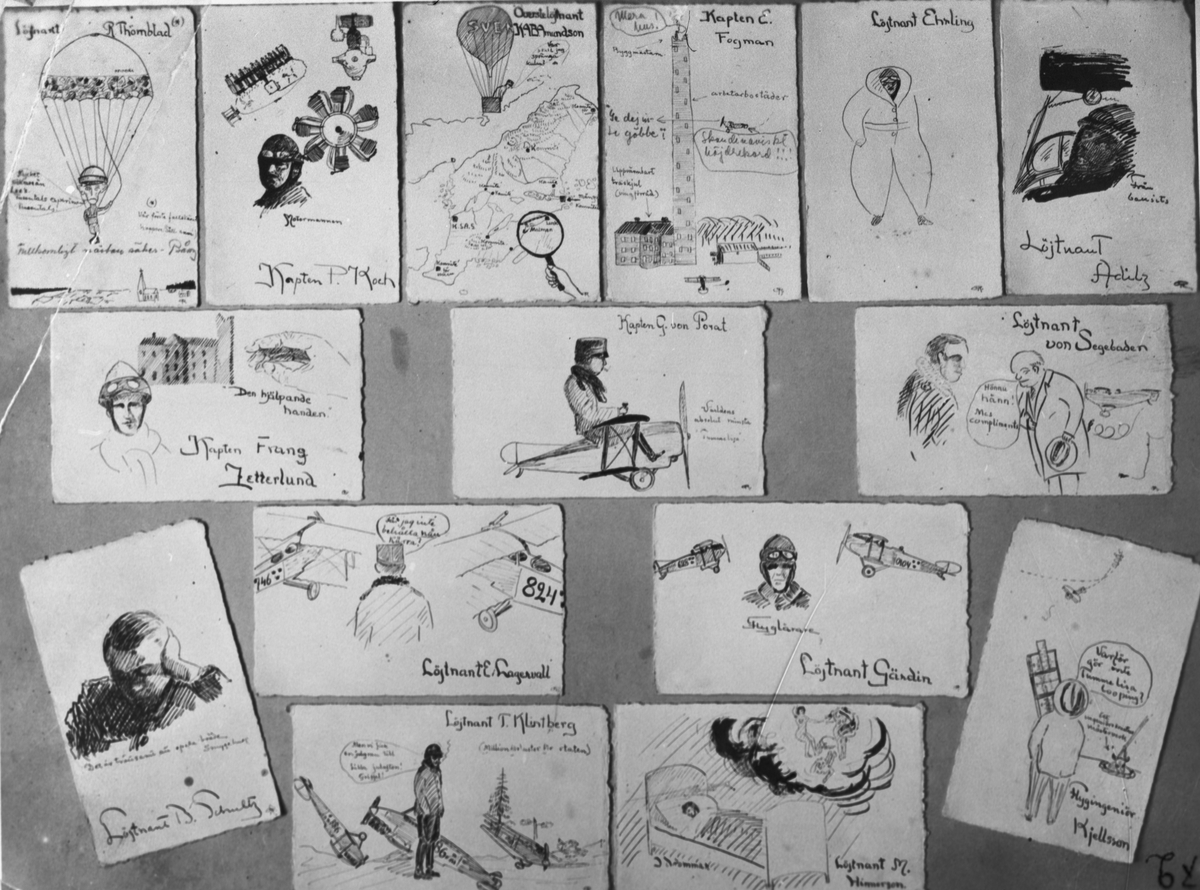 Karikatyrer och skämtteckningar av personal vid Flygkompaniet på Malmen, 1920-tal.  Karikatyrteckningar avfotograferade uppsatta på en vägg.
