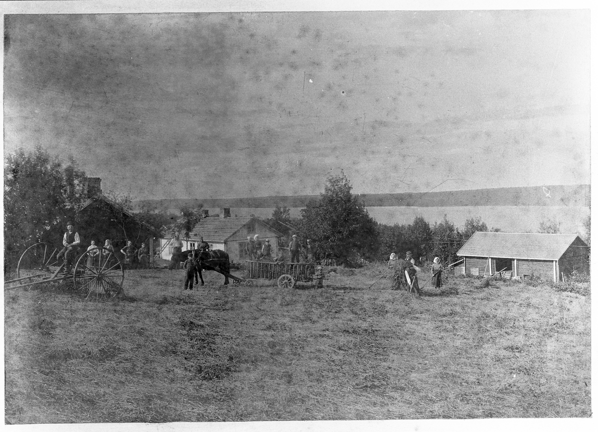 Dalvoll på Amlien 1894. Bygningene fra venstre: Meieriet Dalvoll; Bolighus + landhandleri; Utlåve. Bildet er tatt på Grefsrudjordet i slåttonna. Gutten på hesteriva er J.R.Amlie, mens de fire kvinnene foran meieriet er meieriarbeidere og butikkpersonale. De øvrige er fra Grafsrud gårdene.