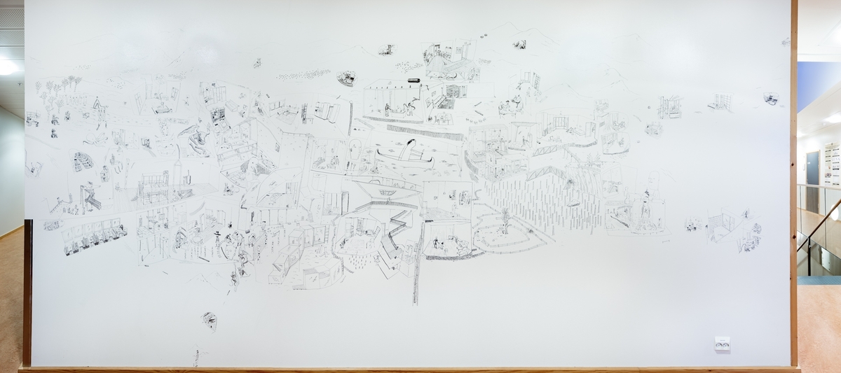 Tegningene "Forsiktig, forsiktig" og "Tømmer" befinner seg i psykologifløyen og ble tegnet uten noen skisser eller fortegning. Kunstneren var i Tromsø i to perioder på til sammen 15 dager. Motivene ble til etterhvert som han tegnet.