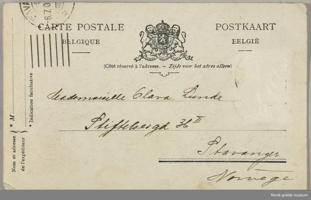 Postkort fra Antonie til Olava Lunde. Kortet viser byen Leuven i Belgia.