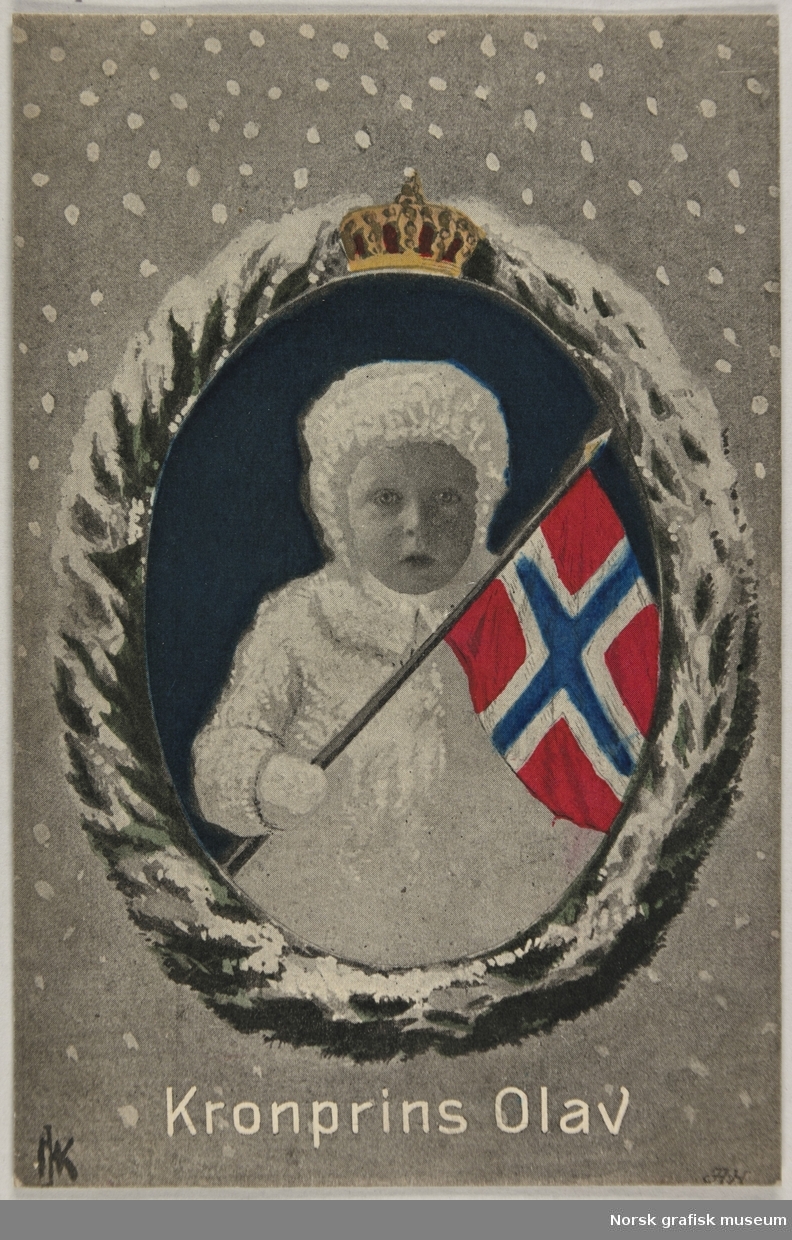 Postkort til Olava Lunde med et vinterbilde av Kronprins Olav som baby med et flagg i hånda.