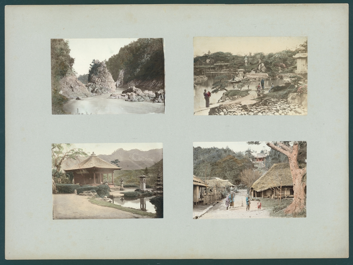 Bildserie av fyra motiv monterad på kartong från landskap och bebyggelse runt staden Nikko i Japan.