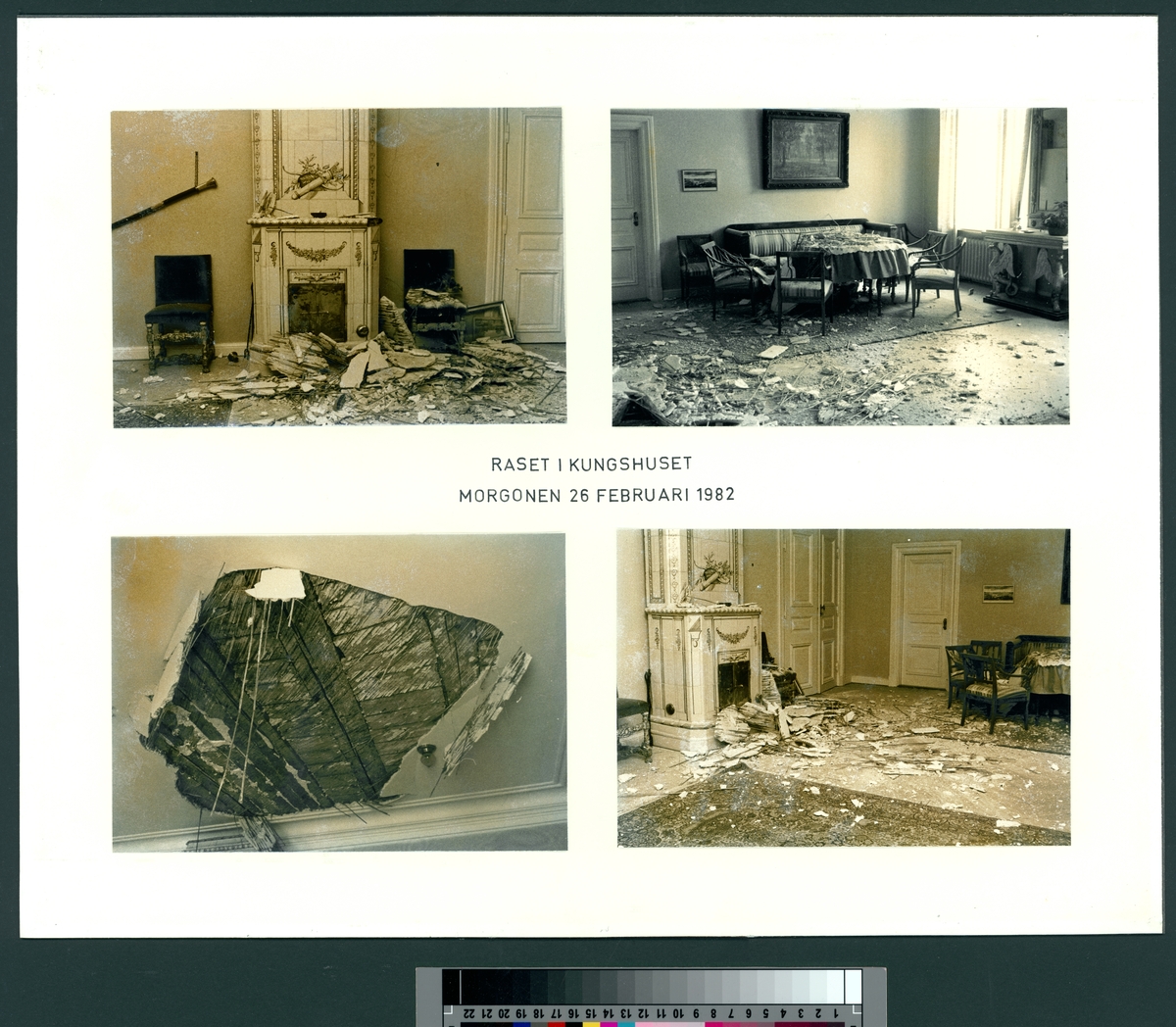 Denna collage av fyra bilder visar en byggnadsskada i Kungshuset i Karlskrona. Delar av det putsade innertak i ett av rummen har rasat ned på golvet.
