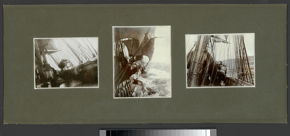 Bilden föreställer en kollage av tre fotografier som visar ett segelfartyg till sjöss i hård väder
