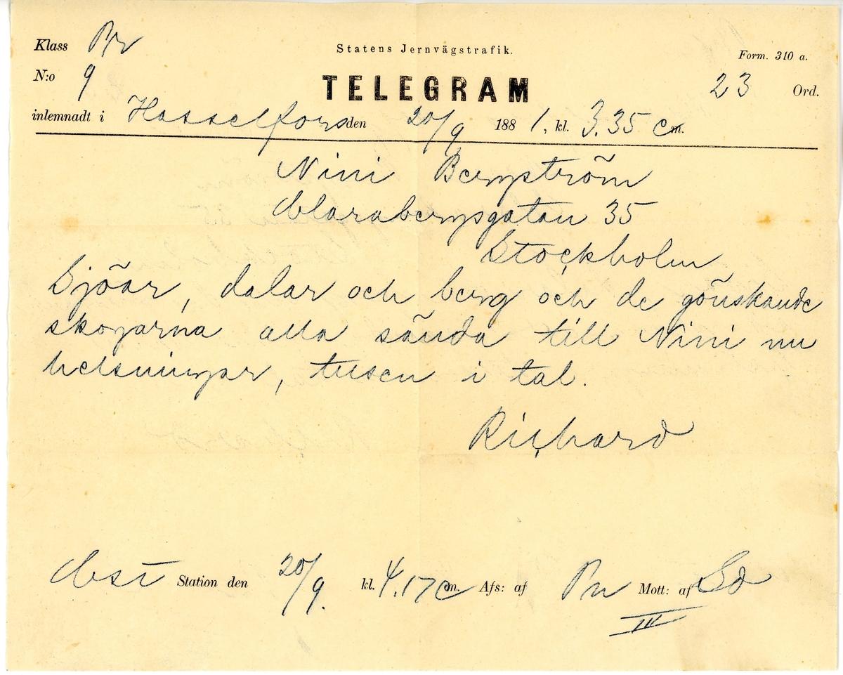 Telegram skickat 1881-09-20 klockan 15:35 från Richard Bergström till hans fru Nini (Ellen) Bergström från Hasselfors